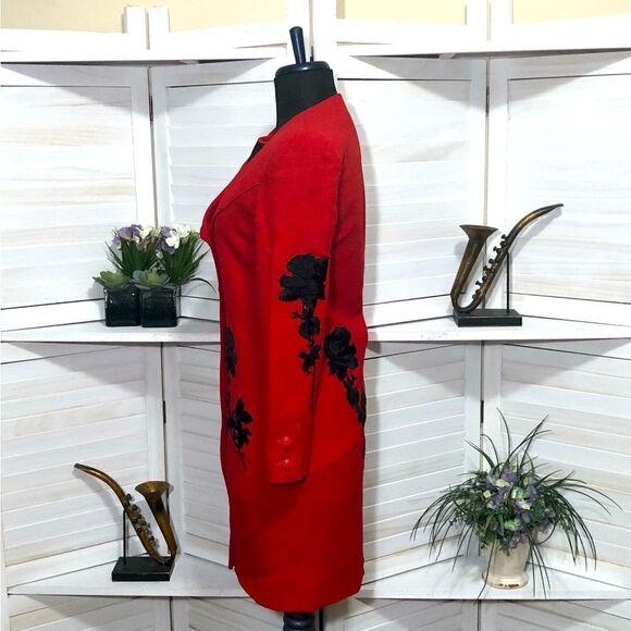 Valentino Vintage Red Blazer Dress Black Roses Size 6 - Picture 13 of 14